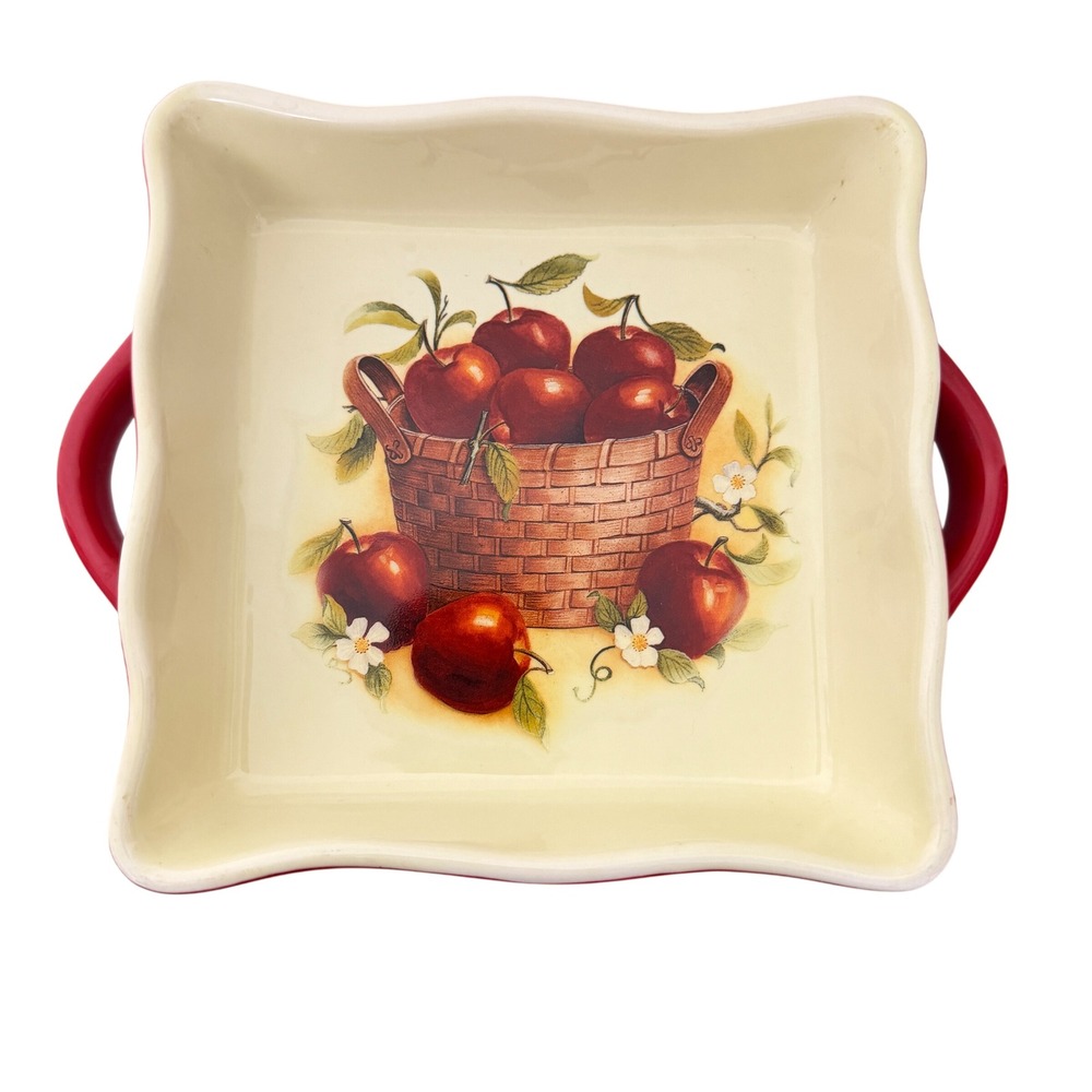 Huabo Square Baking Dish  Red Apple Basket Scalloped Ceramic Baker